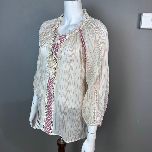 Miss June top tunic Medium peasant cover-up boho cream tassel beach sheer - Picture 2 of 11